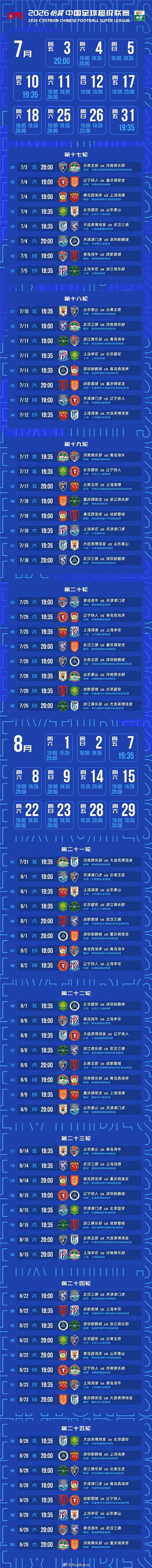 2026中超赛程：揭幕战蓉城对阵深圳 世界杯期间不停